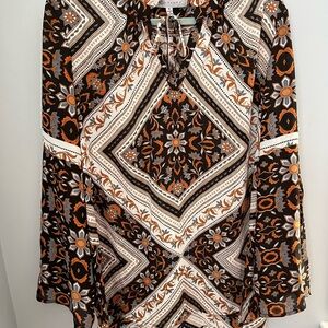 Fever‎ Cream and Brown Tie Front Long Sleeve Blouse